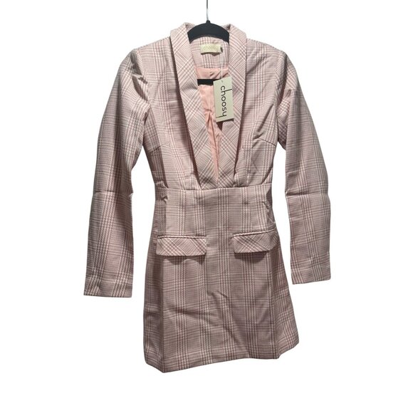 Choosy Pink & White Houndstooth Long Blazer Dress With Pockets & Tags Size 0 - Picture 3 of 4